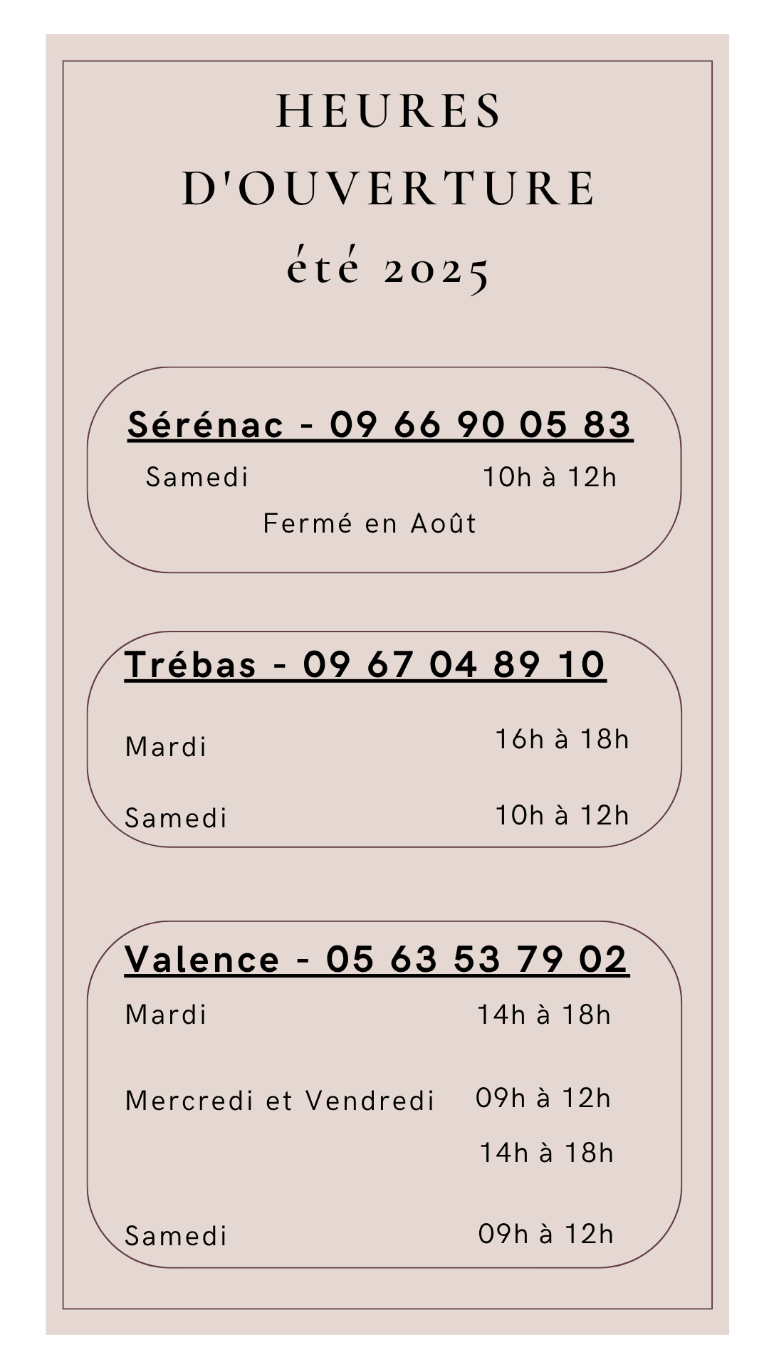 Horaires Ouverture été 2025